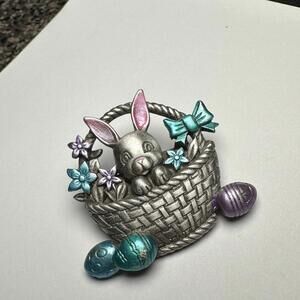 Signed JJ Easter Bunny In Basket With Eggs Pewter Tone Enamel Brooch Pin Jonette